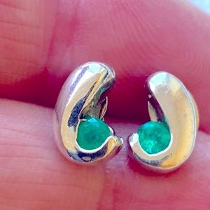 Tiny sterling silver green Emerald ? Stone ? Glass? Post earrings